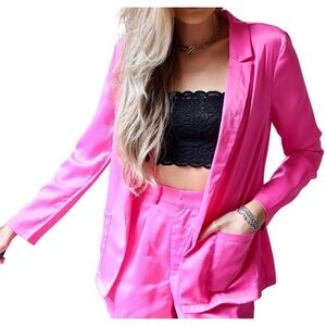 Glam Satiny Pink Blazer‎ Jacket with Notched Lapels